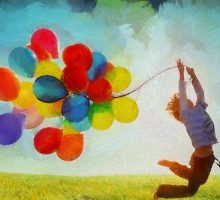 Illustration of person holding a bunch of colorful balloons in green grass against blue sky