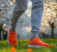 View of person's feet in orange sneakers in the grass with orange flowers