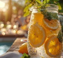 Clear pitcher filled with water and lemons with a scenic pool in the background